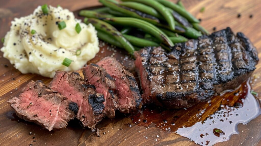 A grilled sirloin tip steak sliced into pieces, served with a side of mashed potatoes and green beans.