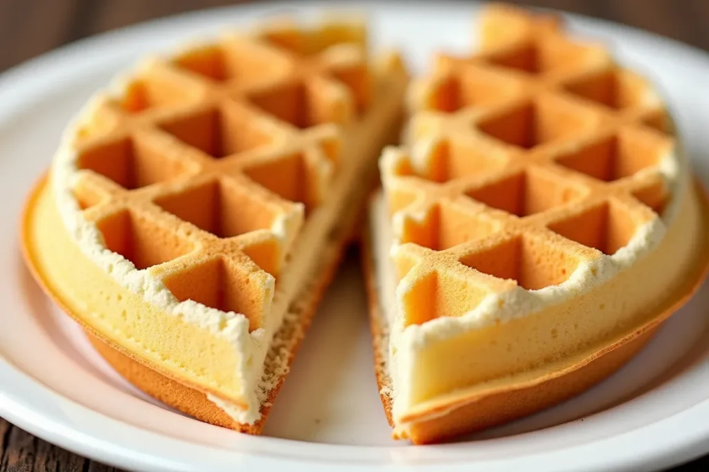 A waffle split open to show its fluffy interior and crispy exterior