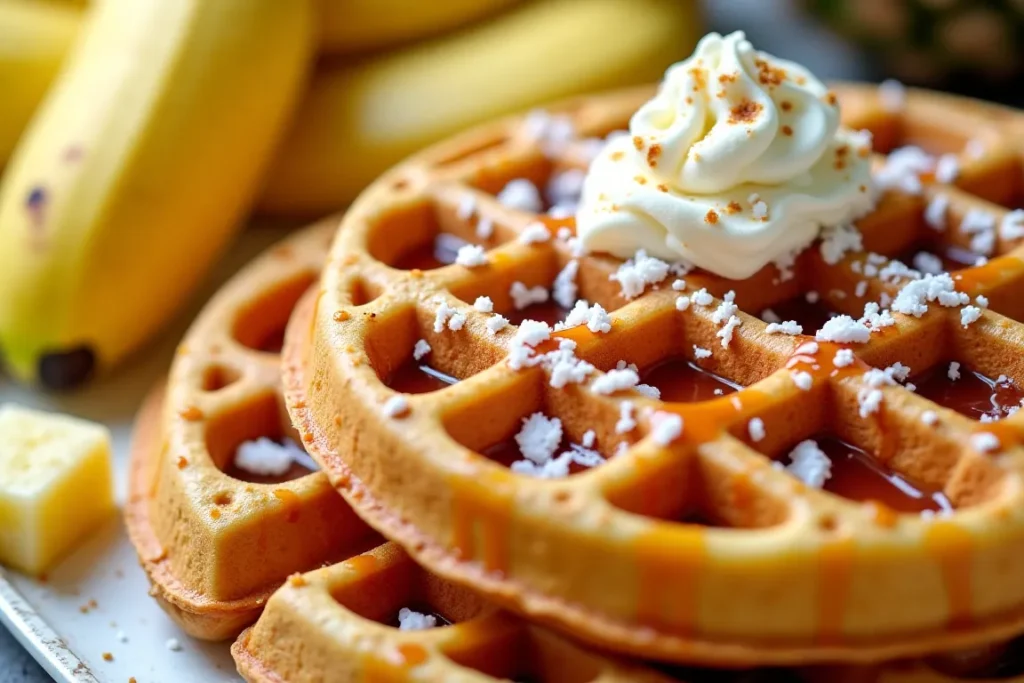 Waffles topped with toasted coconut and caramel