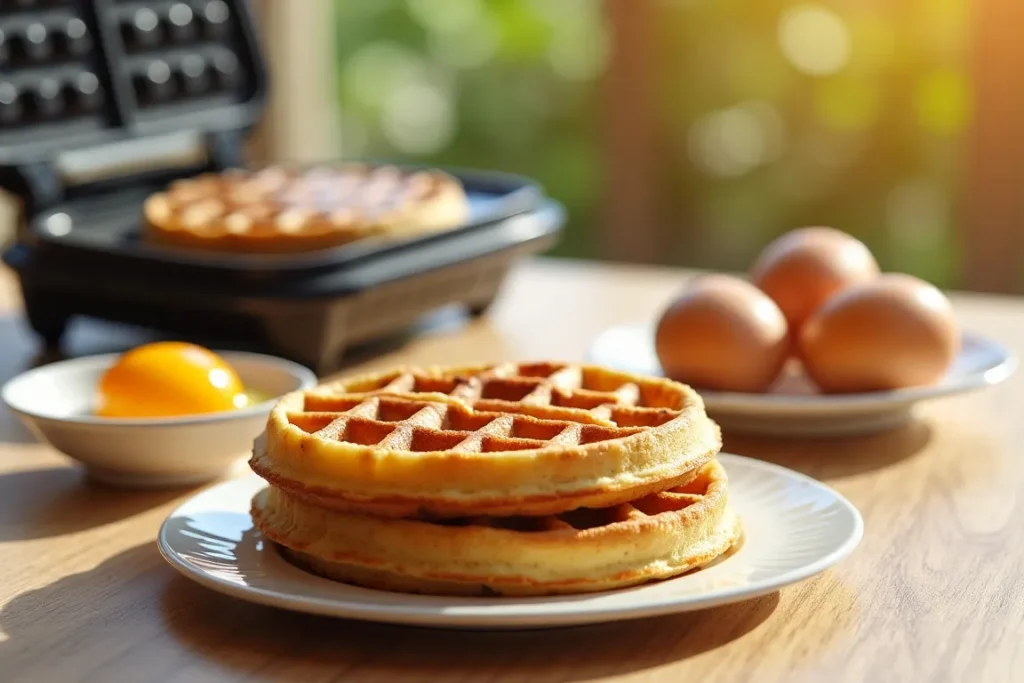 Freshly cooked waffles with a golden-brown crust and eggs on a countertop