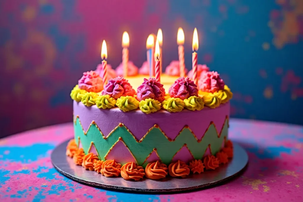 A neon-themed 1980s birthday cake with vibrant frosting.