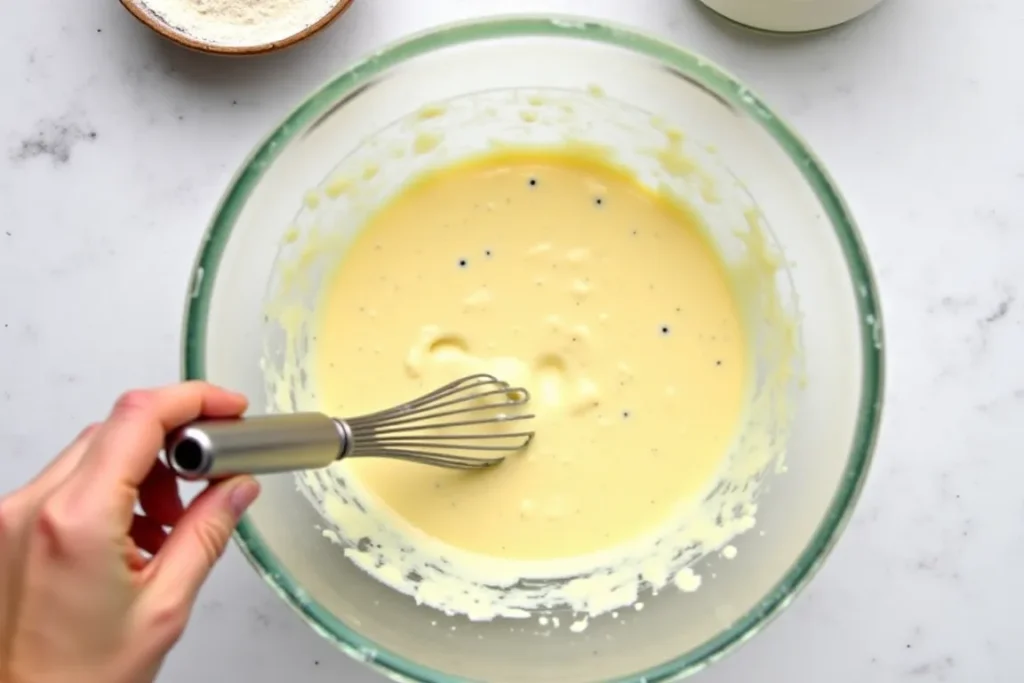 Mixing wet and dry ingredients for pancake batter.