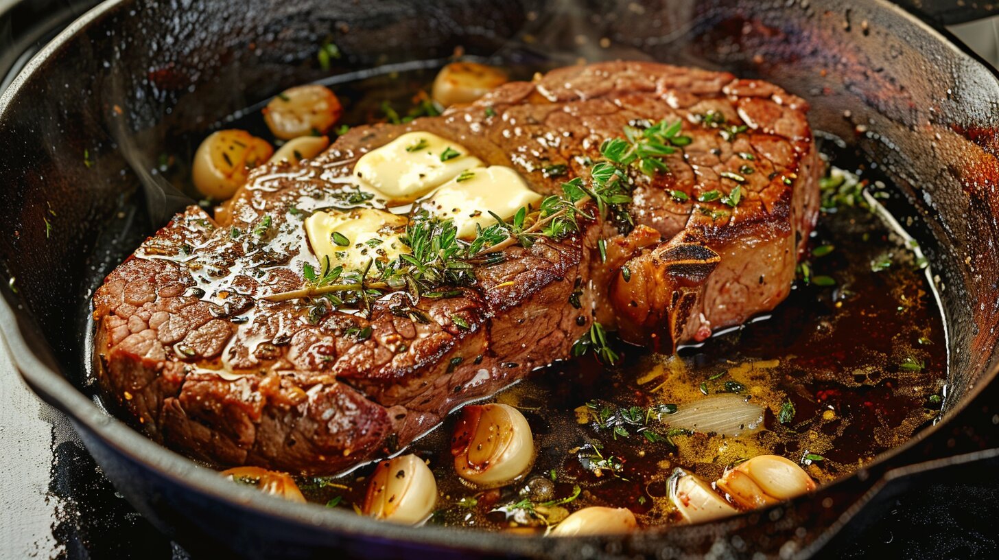 A chuck eye steak sizzling in a cast iron skillet with butter, garlic, and thyme.