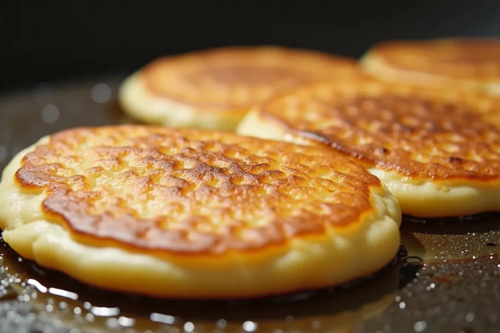 Pancakes cooking on a non-stick skillet.