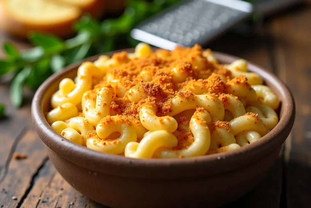 Creamy Tinis Mac and Cheese in a white bowl with a golden breadcrumb topping