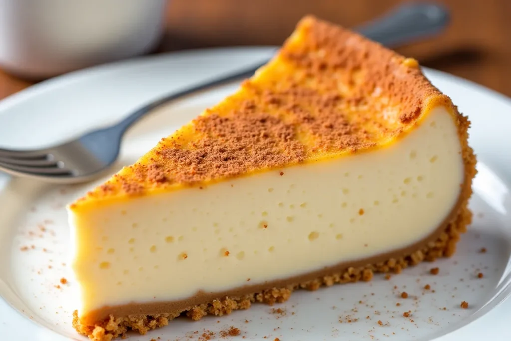 Churro cheesecake with cinnamon-sugar topping served on a white plate.