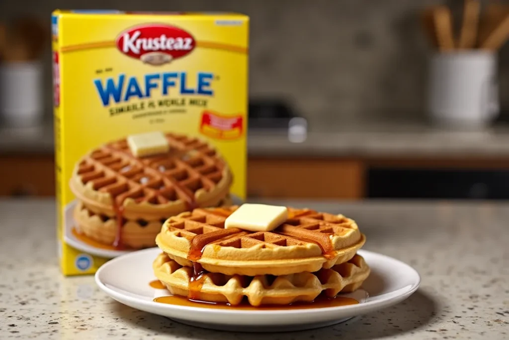 Krusteaz waffle mix box with waffles topped with butter and syrup