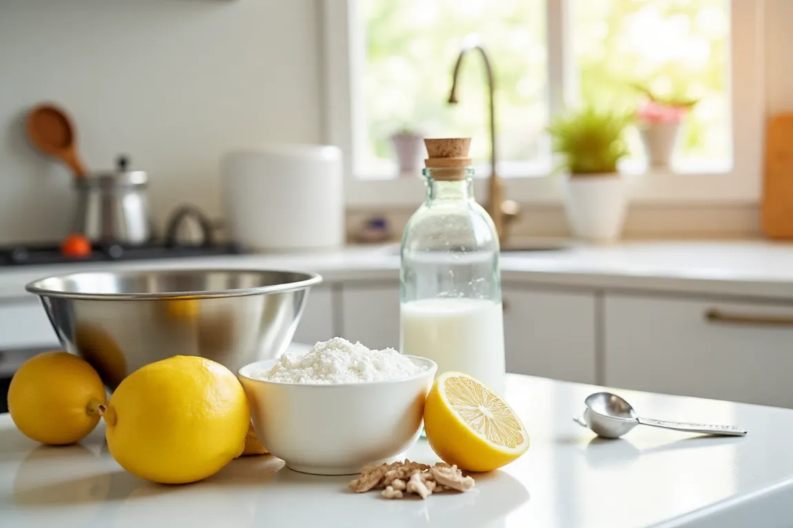 Various baking soda substitutes arranged on a kitchen countertop.