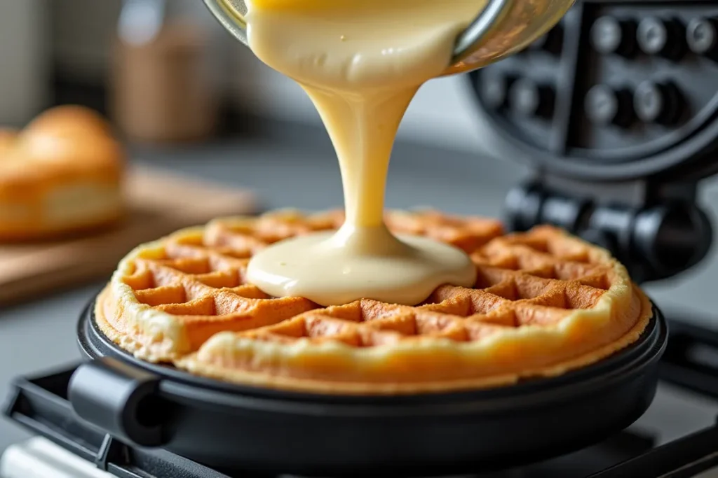 Batter being poured into a waffle maker.