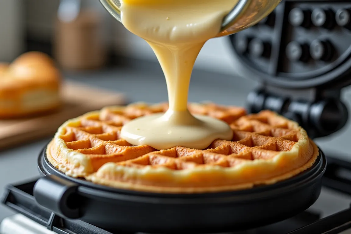 Batter being poured into a waffle maker.