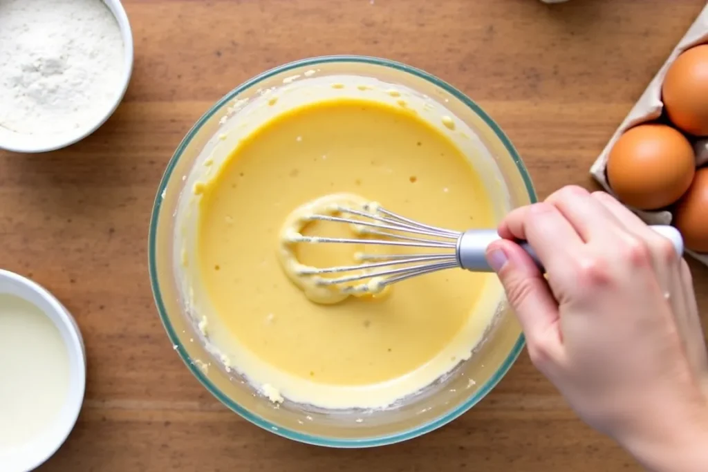  A whisk mixing waffle batter in a glass bowl.