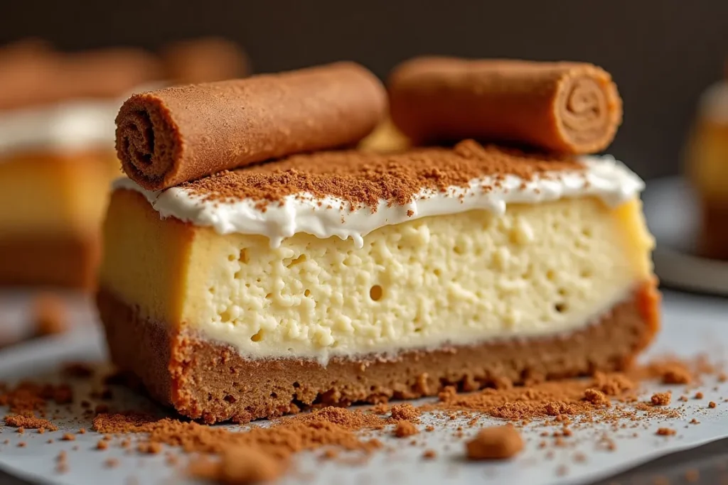 A slice of churro cheesecake on a plate with a cinnamon stick garnish.