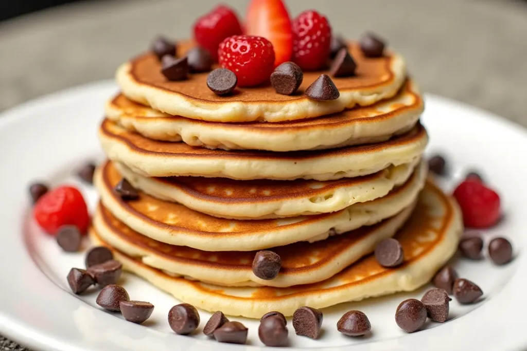  Pancakes topped with chocolate chips and fruits.