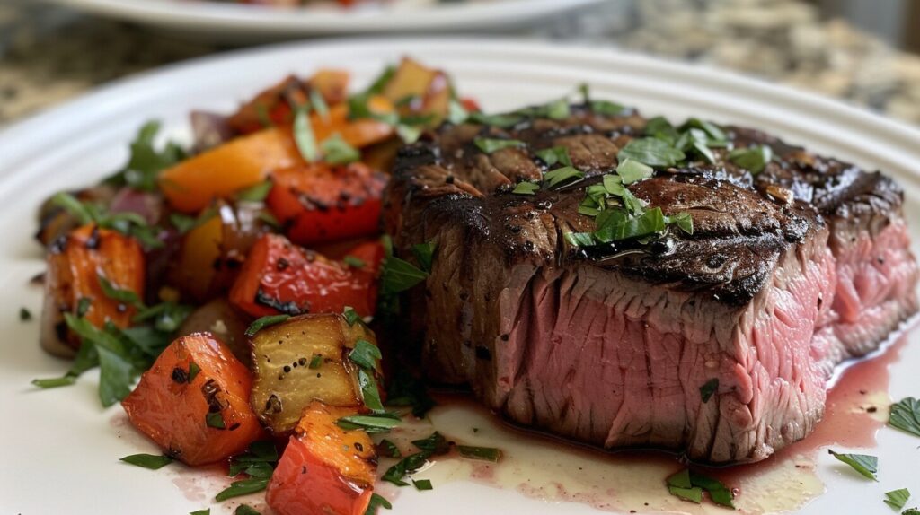 A close-up of a perfectly cooked filet mignon steak on a white plate, garnished with fresh herbs and a side of roasted vegetables.