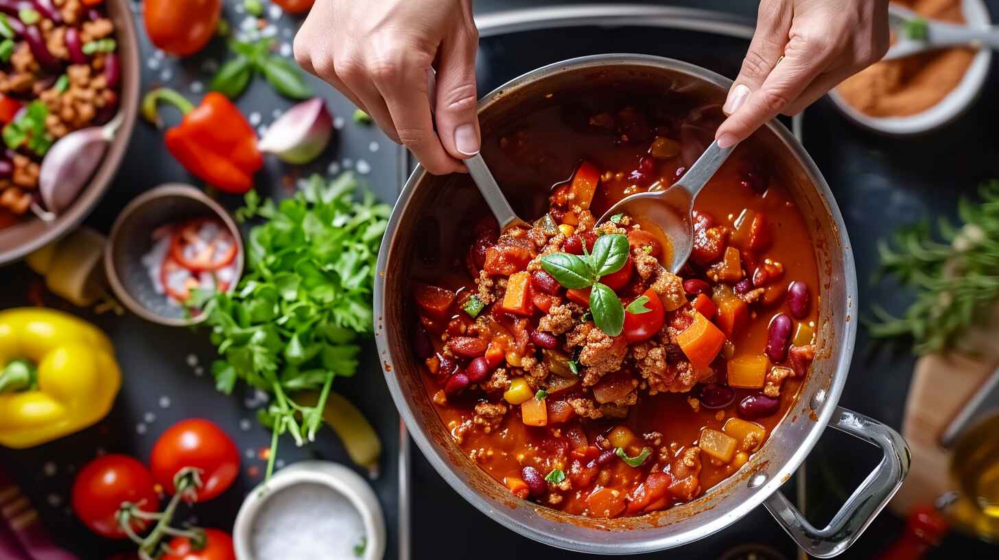 Pot of chili with ingredients being added to reduce salt.