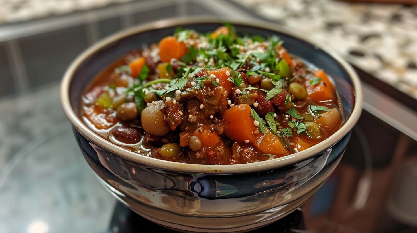 A bowl of homemade chili with fresh vegetables and herbs