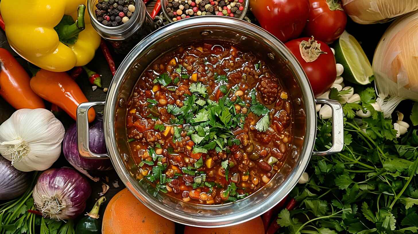 A bowl of homemade chili garnished with herbs and surrounded by fresh ingredients.