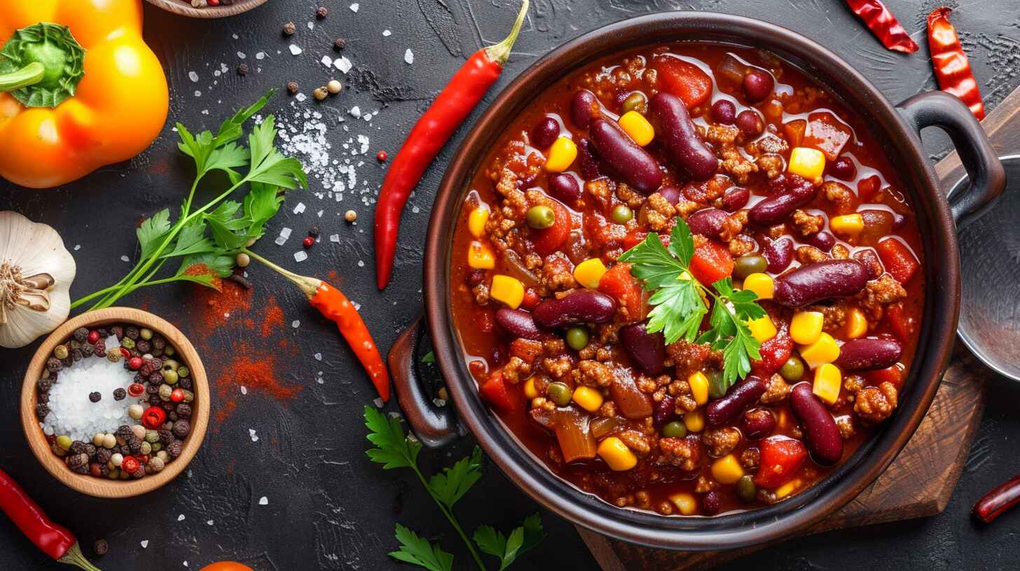 Bowl of homemade chili with fresh ingredients.