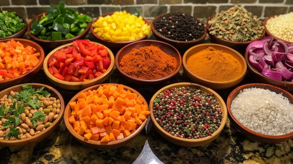 Low Sodium Chili Recipe Fresh vegetables and spices prepared for low sodium chili.