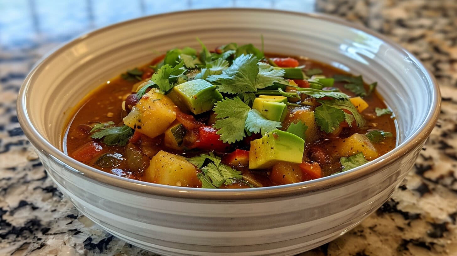 A bowl of low sodium chili garnished with avocado and cilantro.