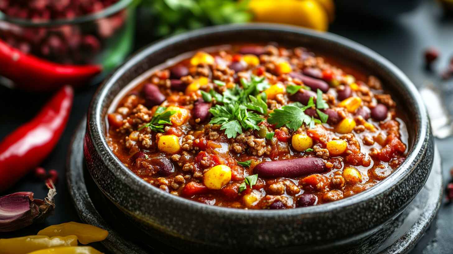 A bowl of low sodium homemade chili with fresh vegetables.