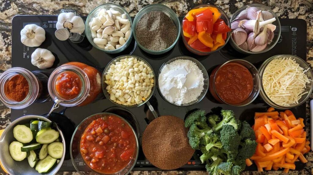 Preparing fresh vegetables and spices for a low-sodium homemade chili recipe.