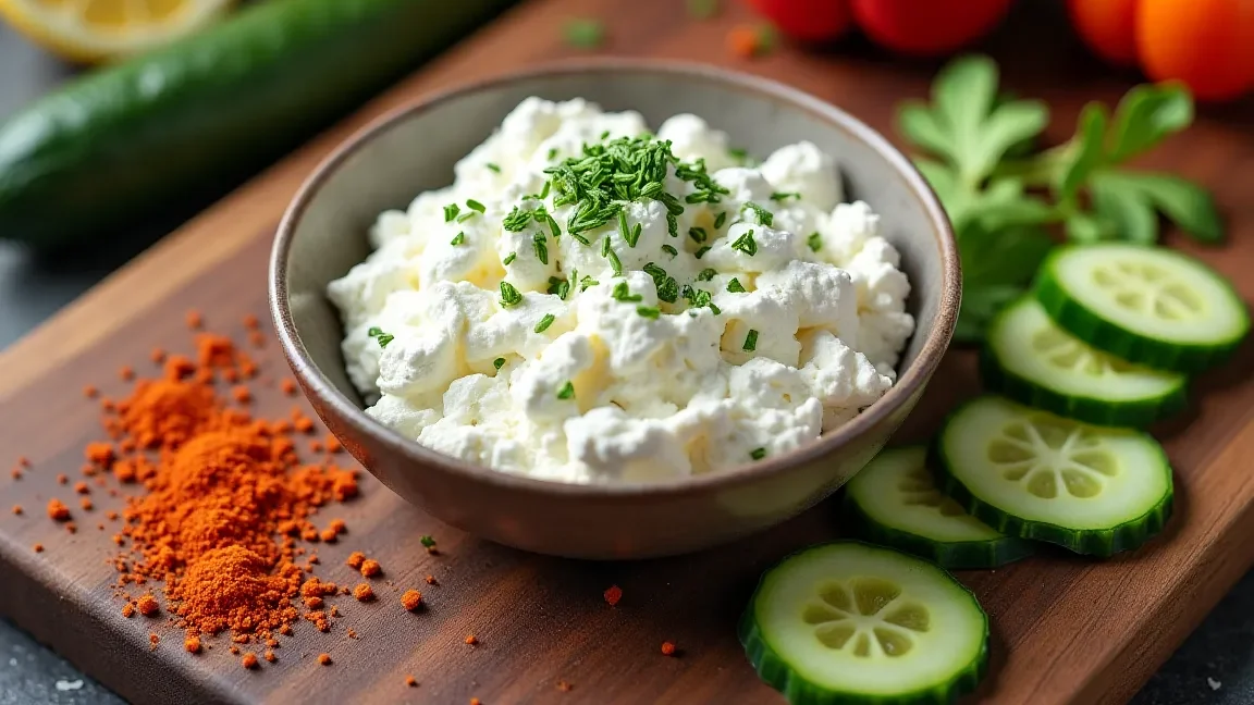 Cottage cheese served with herbs and vegetables