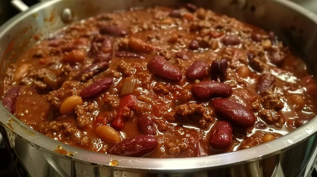A simmering pot of chili on the stove.