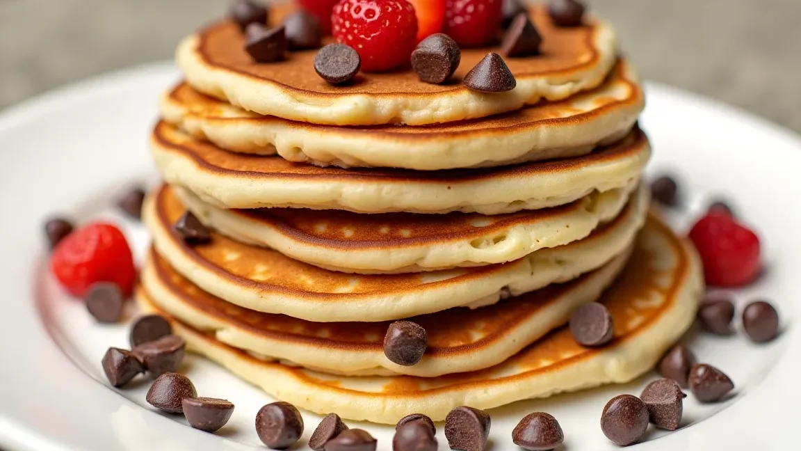 Chocolate Chip Pancake Stack Pancakes topped with chocolate chips and fruits.